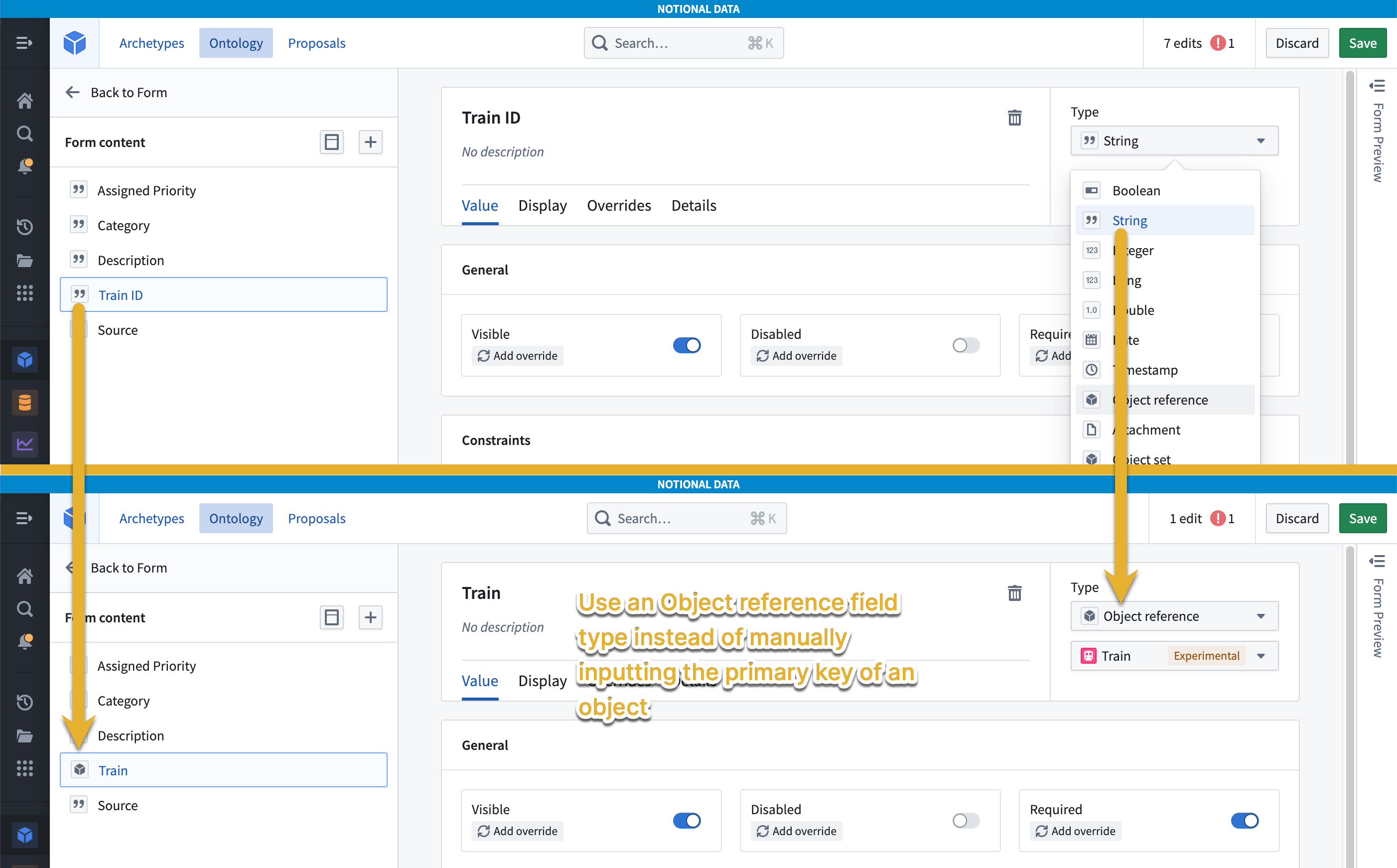 Use and Object Reference field type instead of manually inputting the primary key of an object