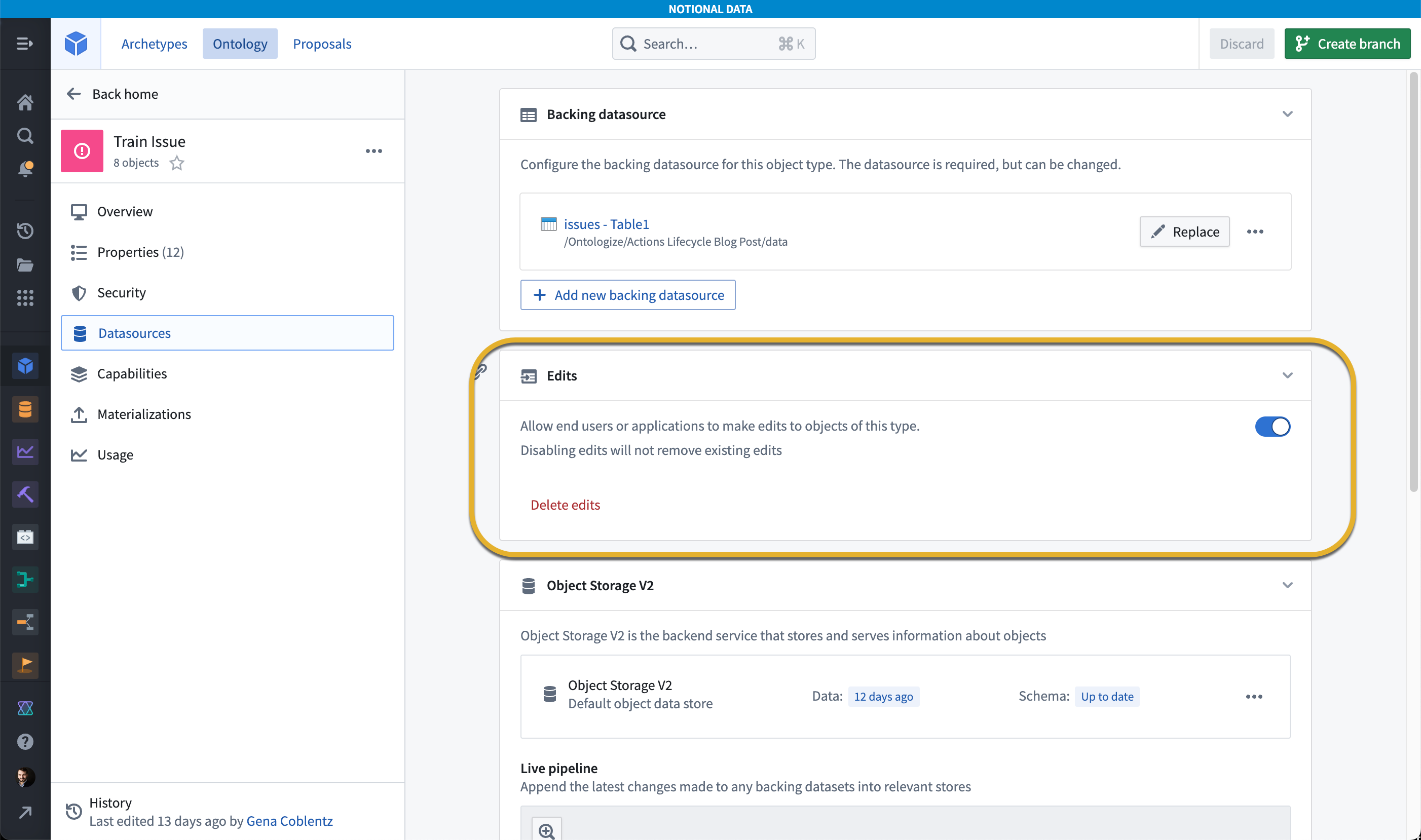 You can enable an object type to receive edits in the Datasources tab of that object type's configuration view in the Ontology Manager app.