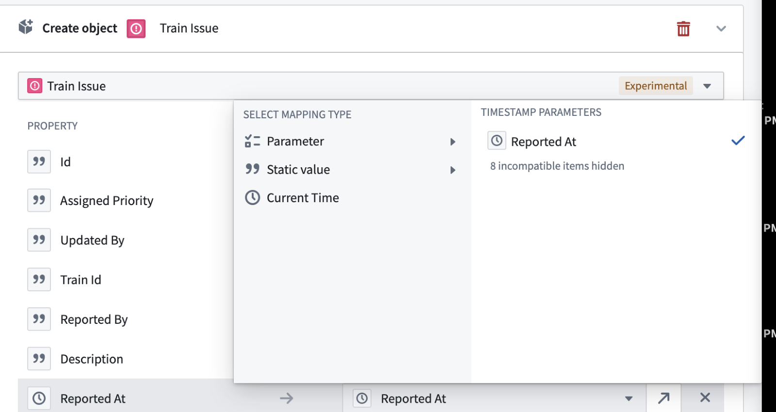 Configuring the Action form to record the current time as the Reported At field value