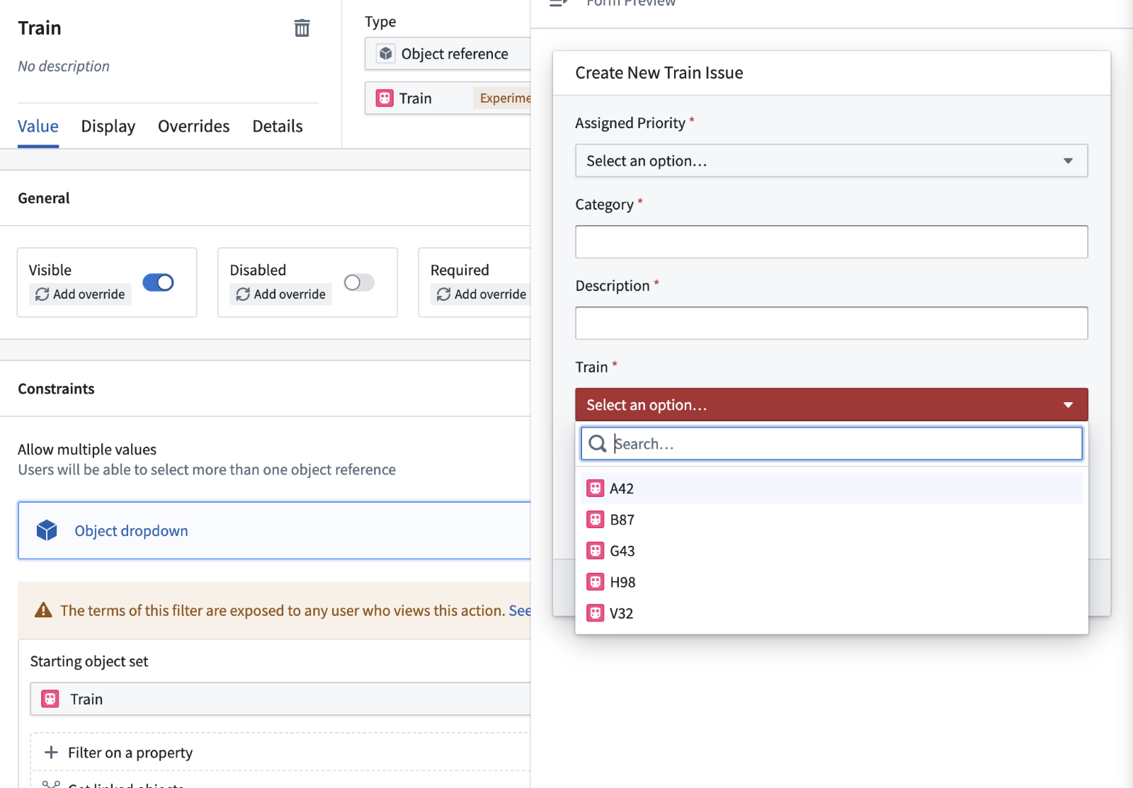 An object reference field type generates a dropdown menu for users of the Action so they can select object instances