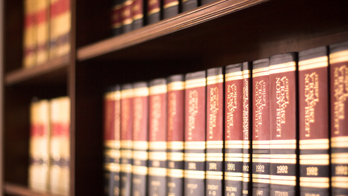 A picture of law books at an attorney's or judge's office.