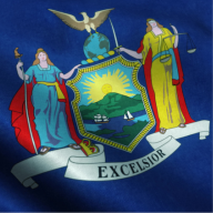 Flag of New York State featuring the state coat of arms with two female figures, a rising sun, mountains, ships, and an eagle atop a globe.