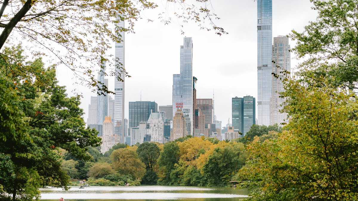 View of New York City skyline behind Central Park trees and a calm lake in autumn.