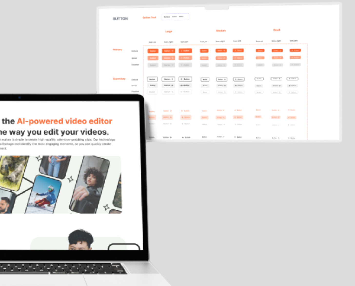 mockup design of a landing page for a video editor and image of a design system for buttons