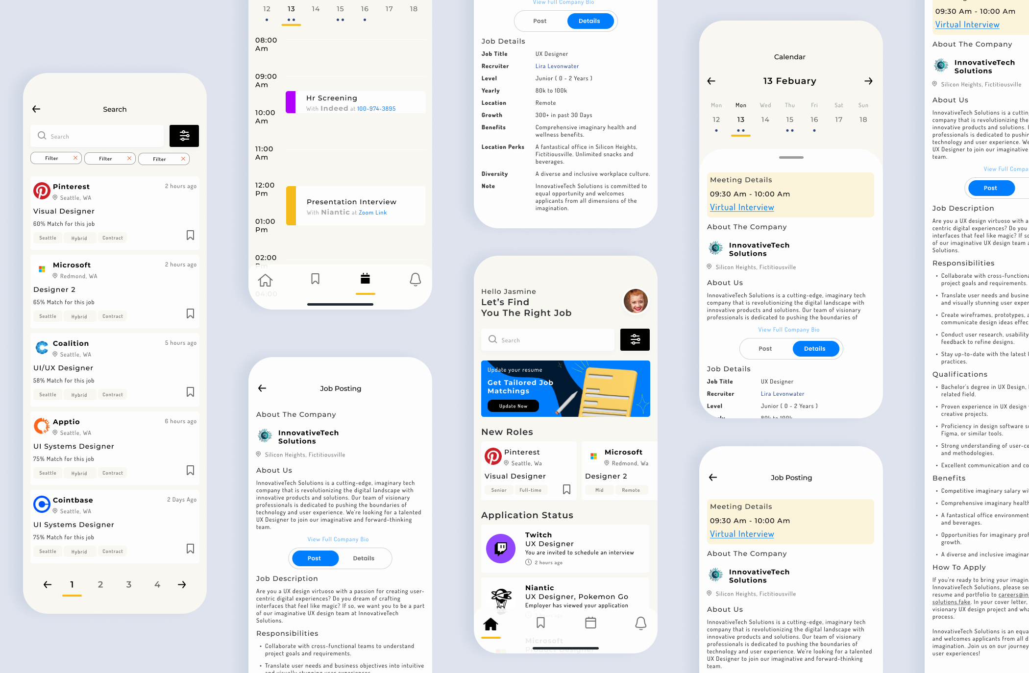 Multiple phone screen mockups of a job board app