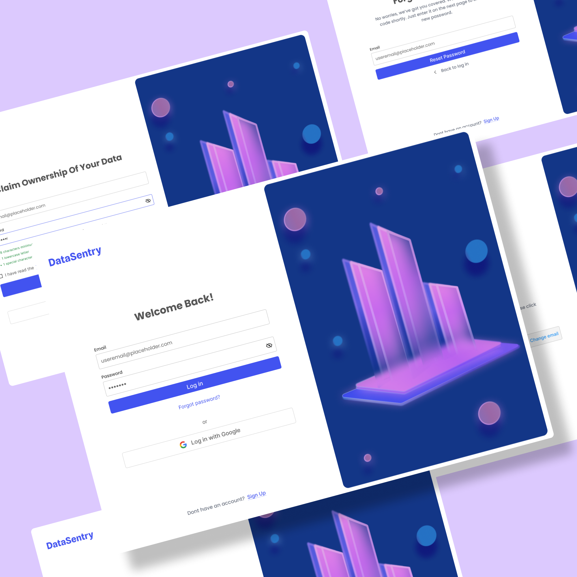 a bunch of different webpages  for user authorization flow with a purple background