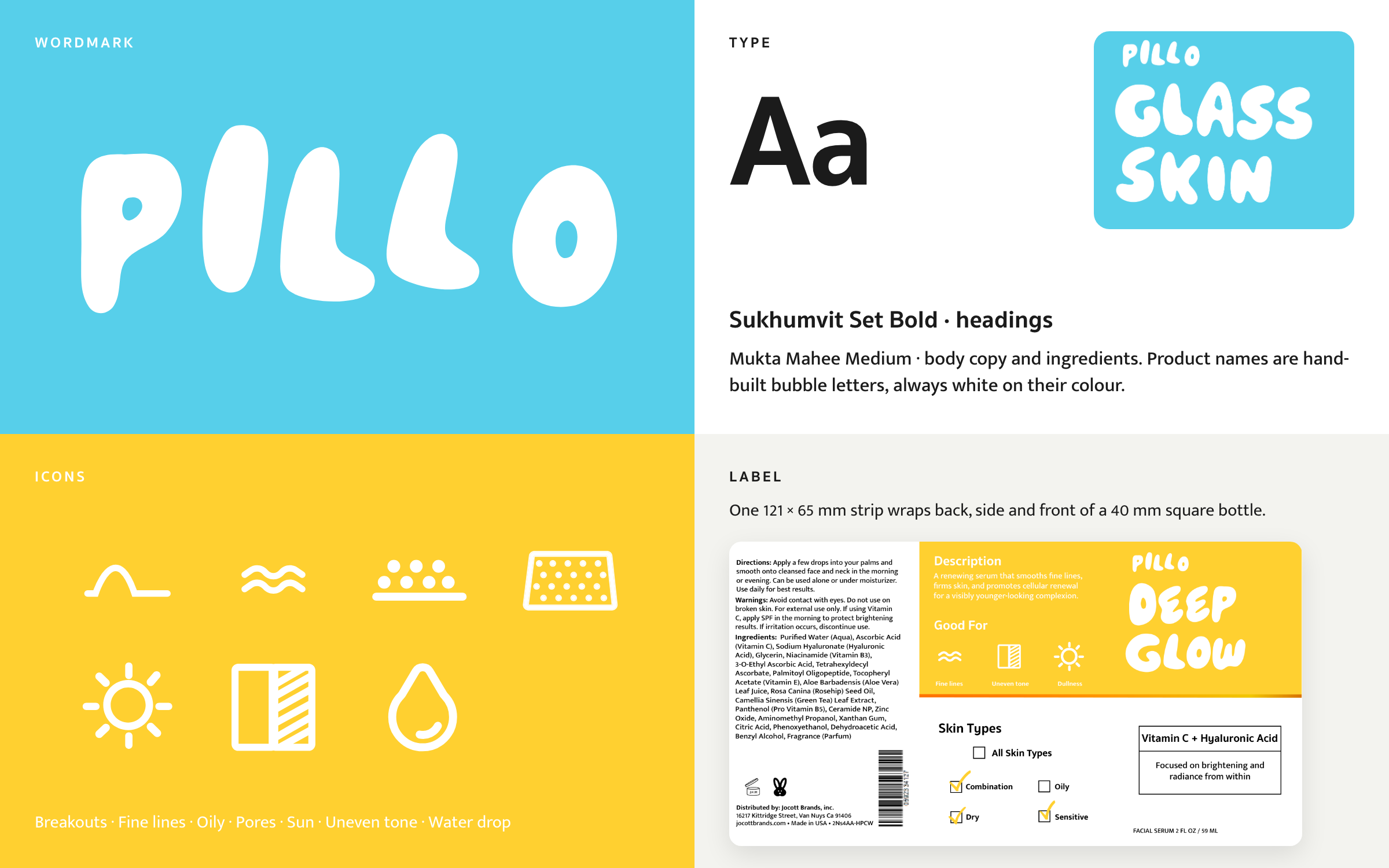 Pillo brand guide: wordmark, type, icons and label system