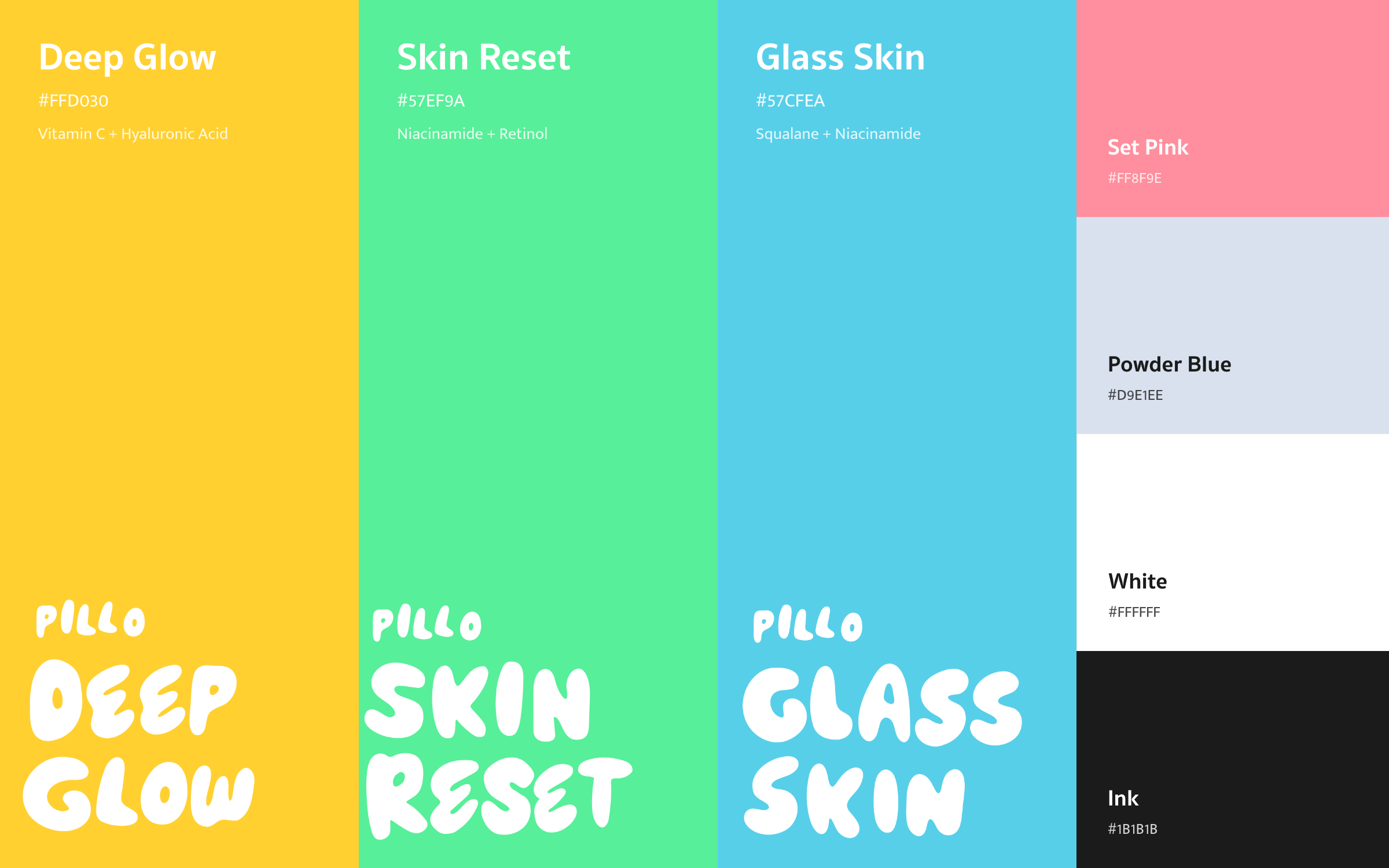 Pillo colour palette: Deep Glow yellow, Skin Reset green, Glass Skin blue, set pink, powder blue, ink