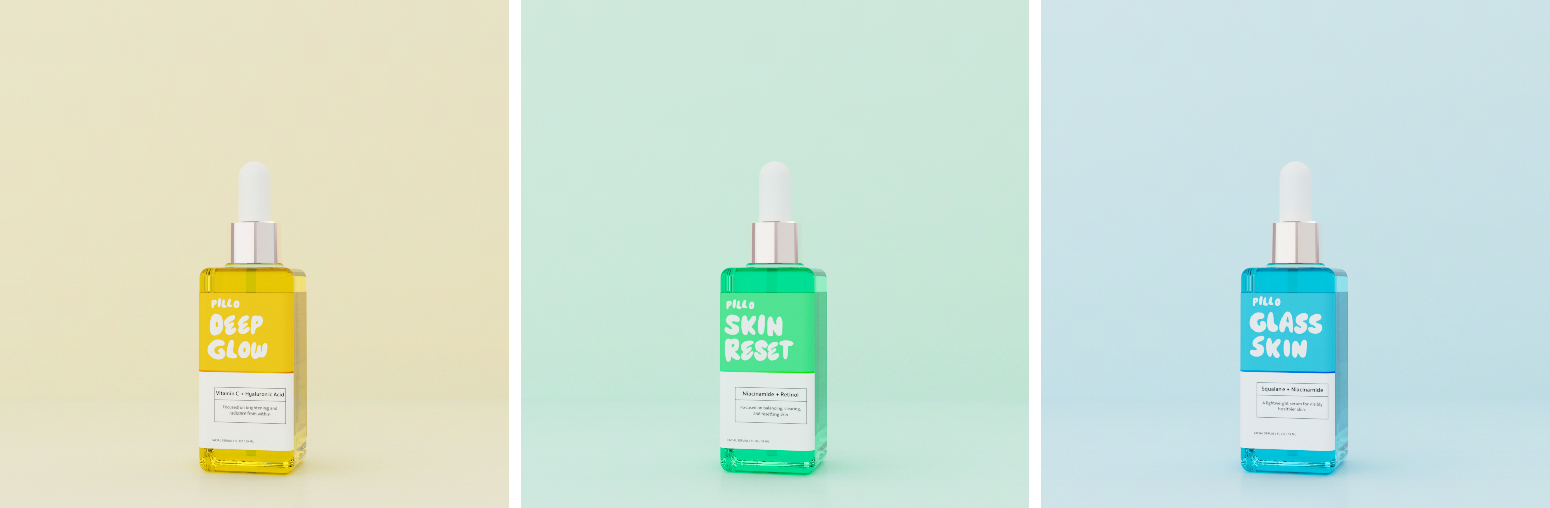 Pillo square launch tiles for Deep Glow, Skin Reset and Glass Skin