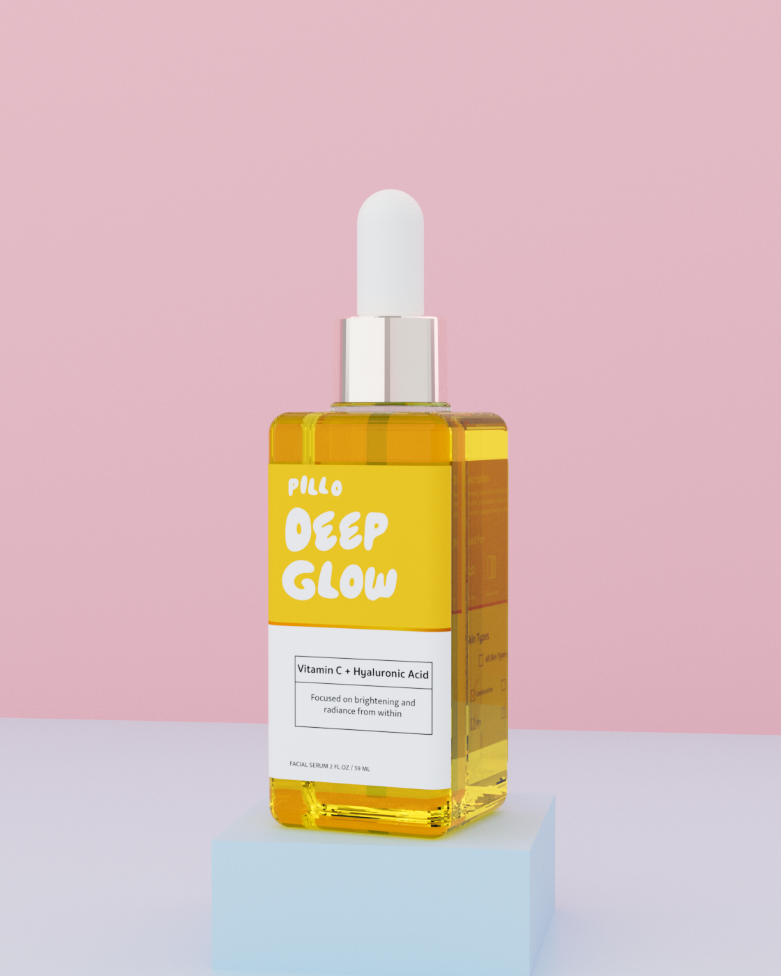 Pillo Deep Glow serum bottle, 3D render on a pink set with a blue floor and block