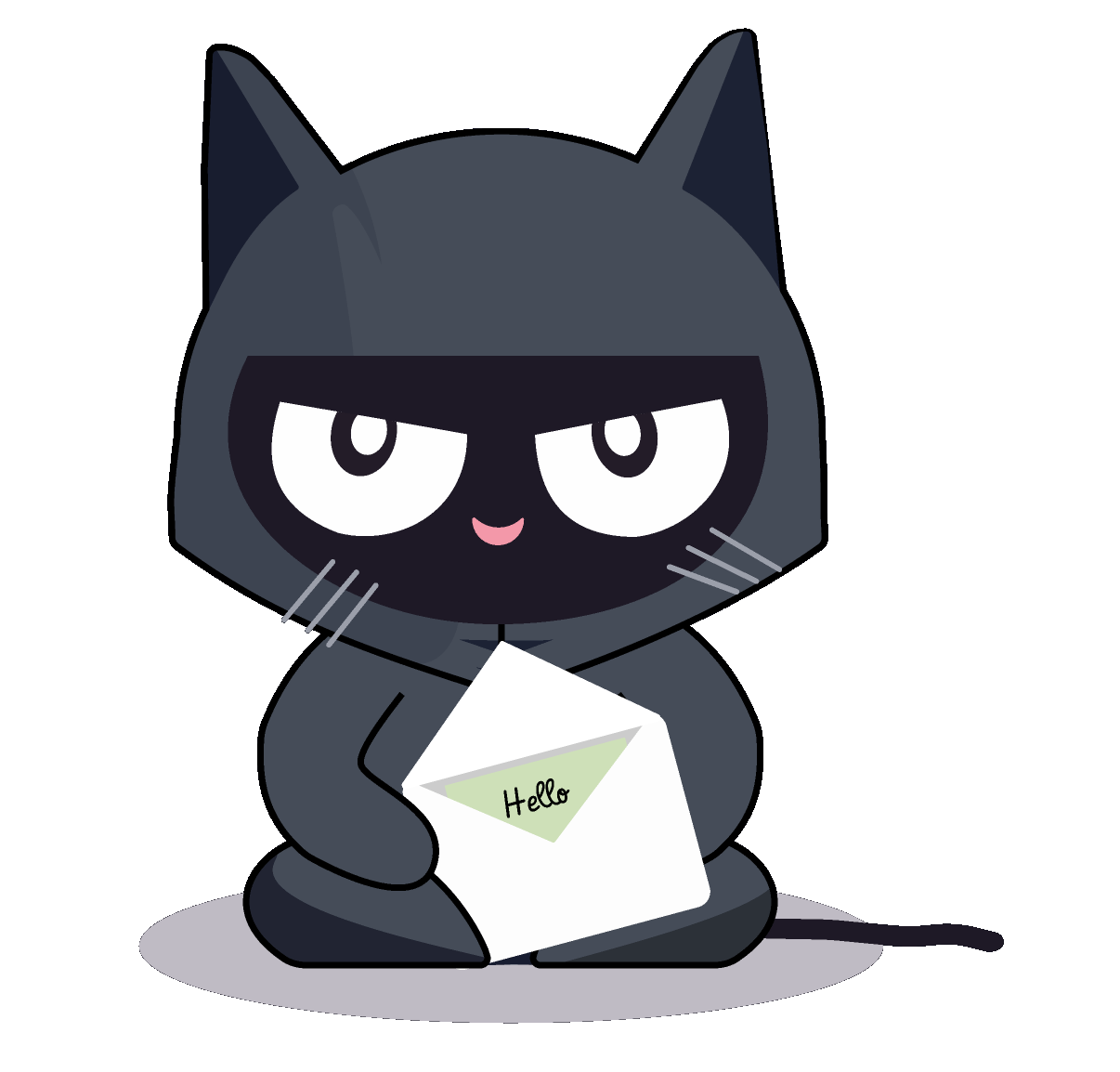 A black ninja cat holding an envelope that says Hello