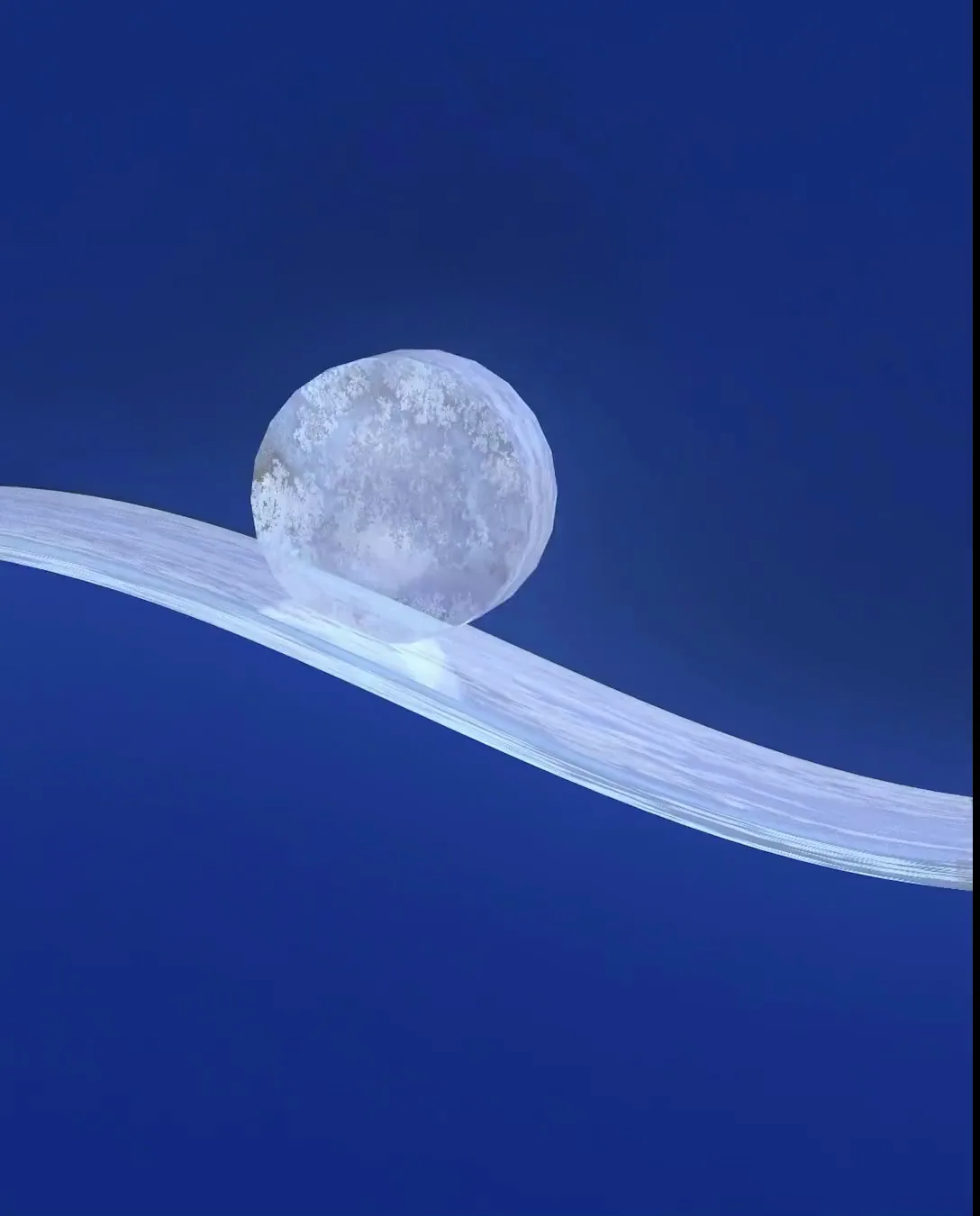 3D animation of a frosted glass disc rolling along a wavy glass ribbon on a deep blue background