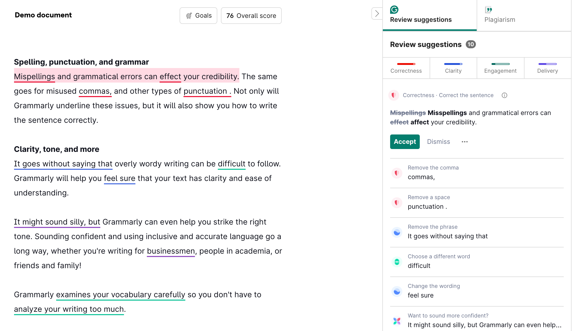 Ein Überblick des Interfaces von Grammarly.