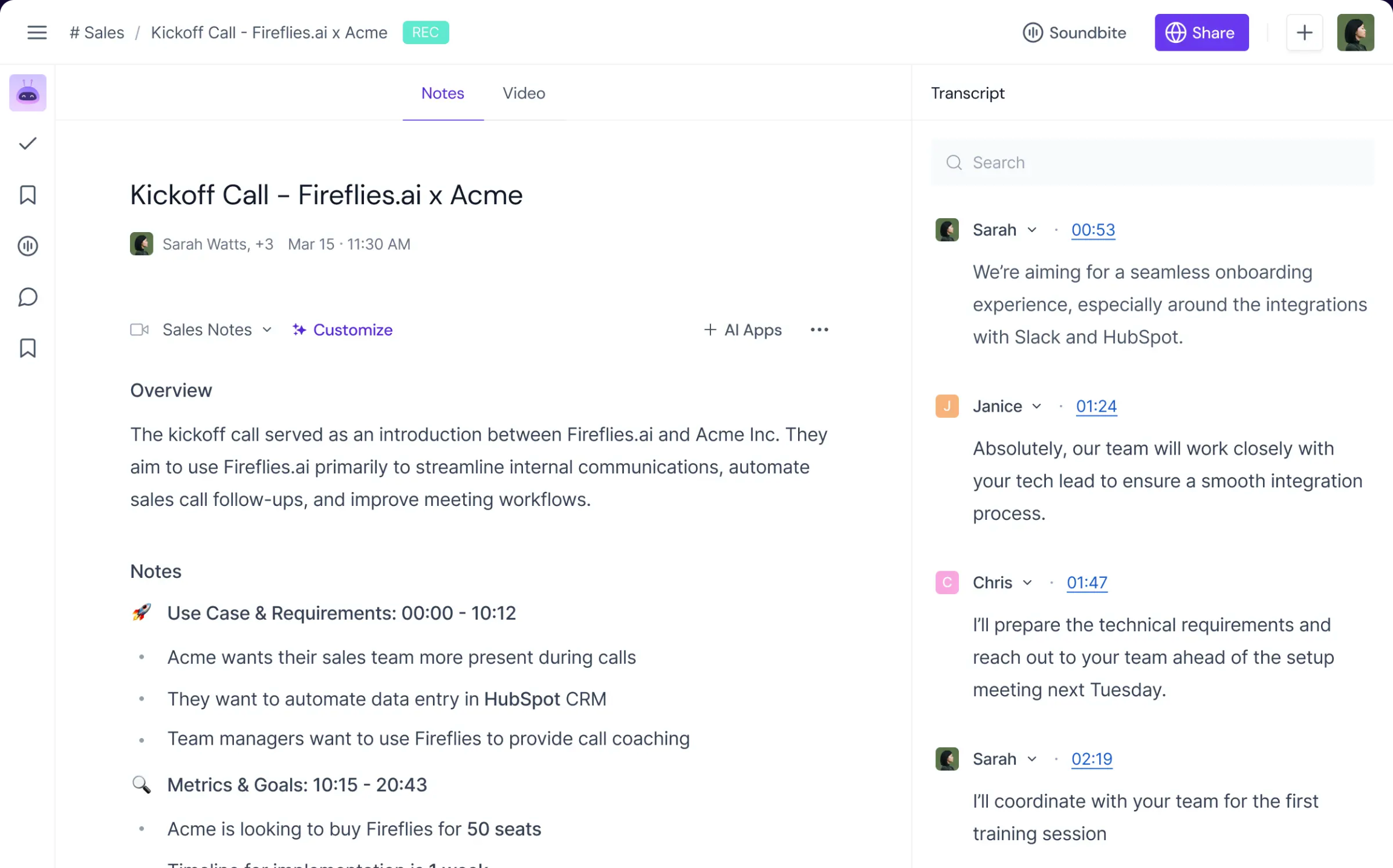 Ein Überblick des Interfaces von Fireflies.ai.