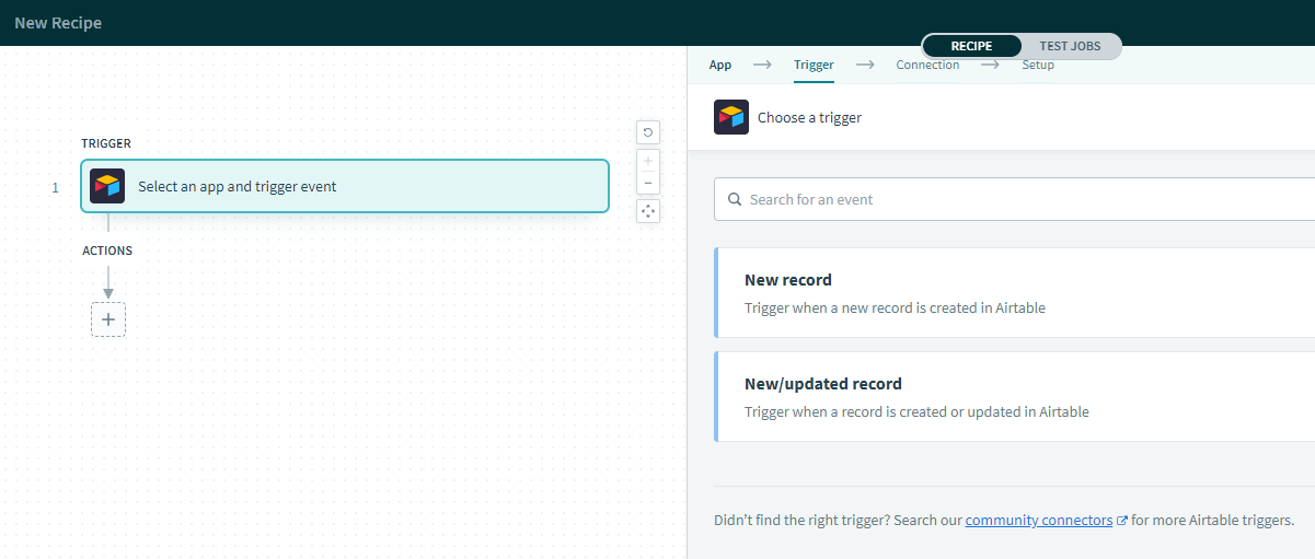 The trigger actions available in Workato for Airtable.