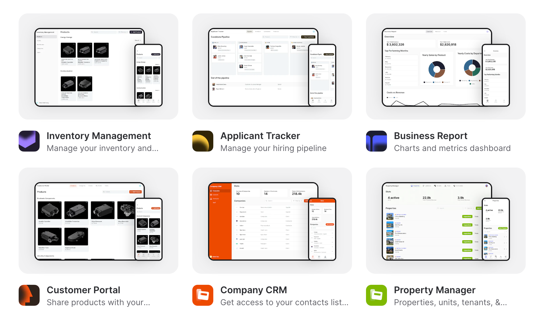 An excerpt of the template gallery found on the Glide website.