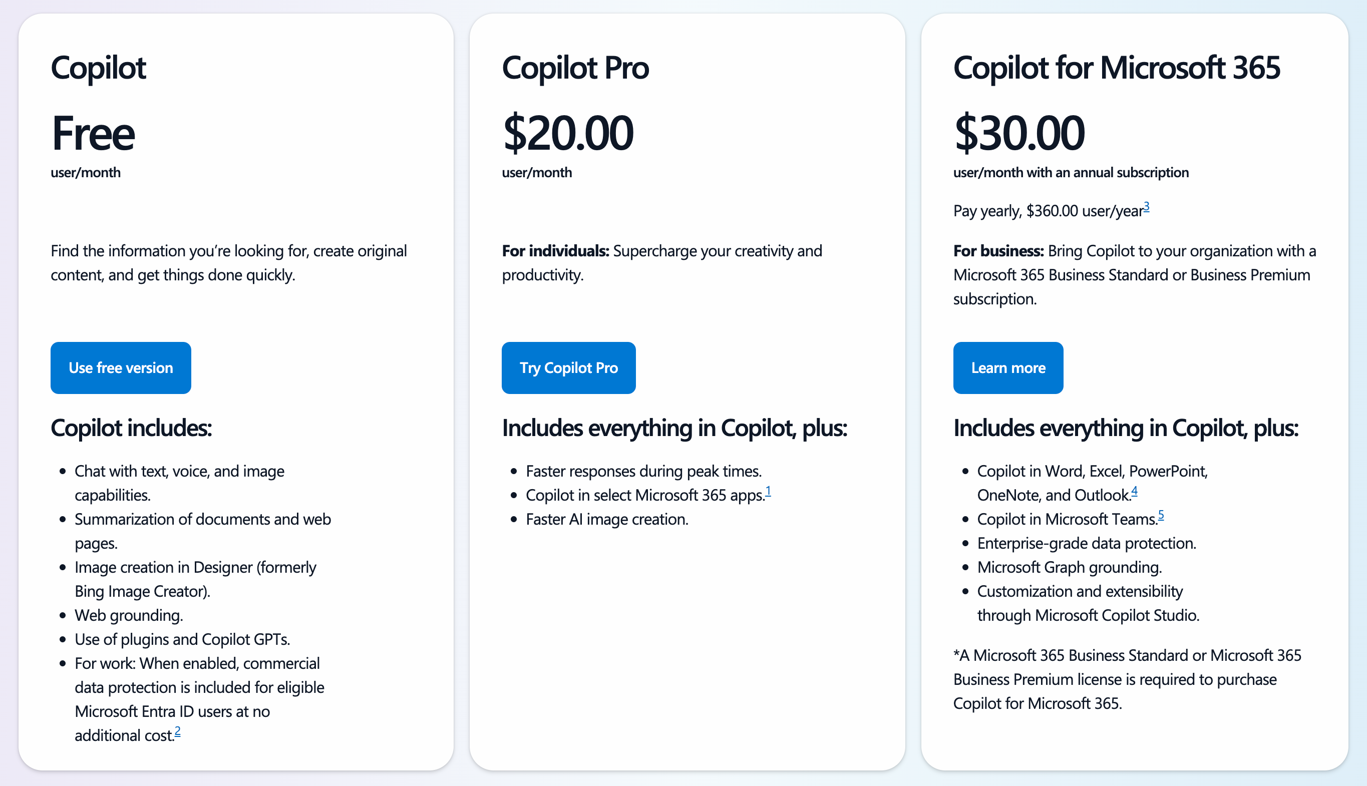 An overview of the Microsoft Copilot pricing plans.