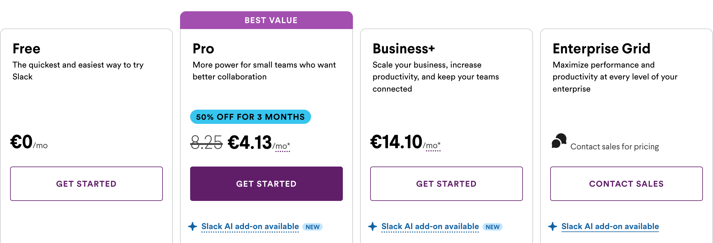 Slack pricing plans including the Free plan, Pro plan, Business+ plan, and Enterprise Grid plan.