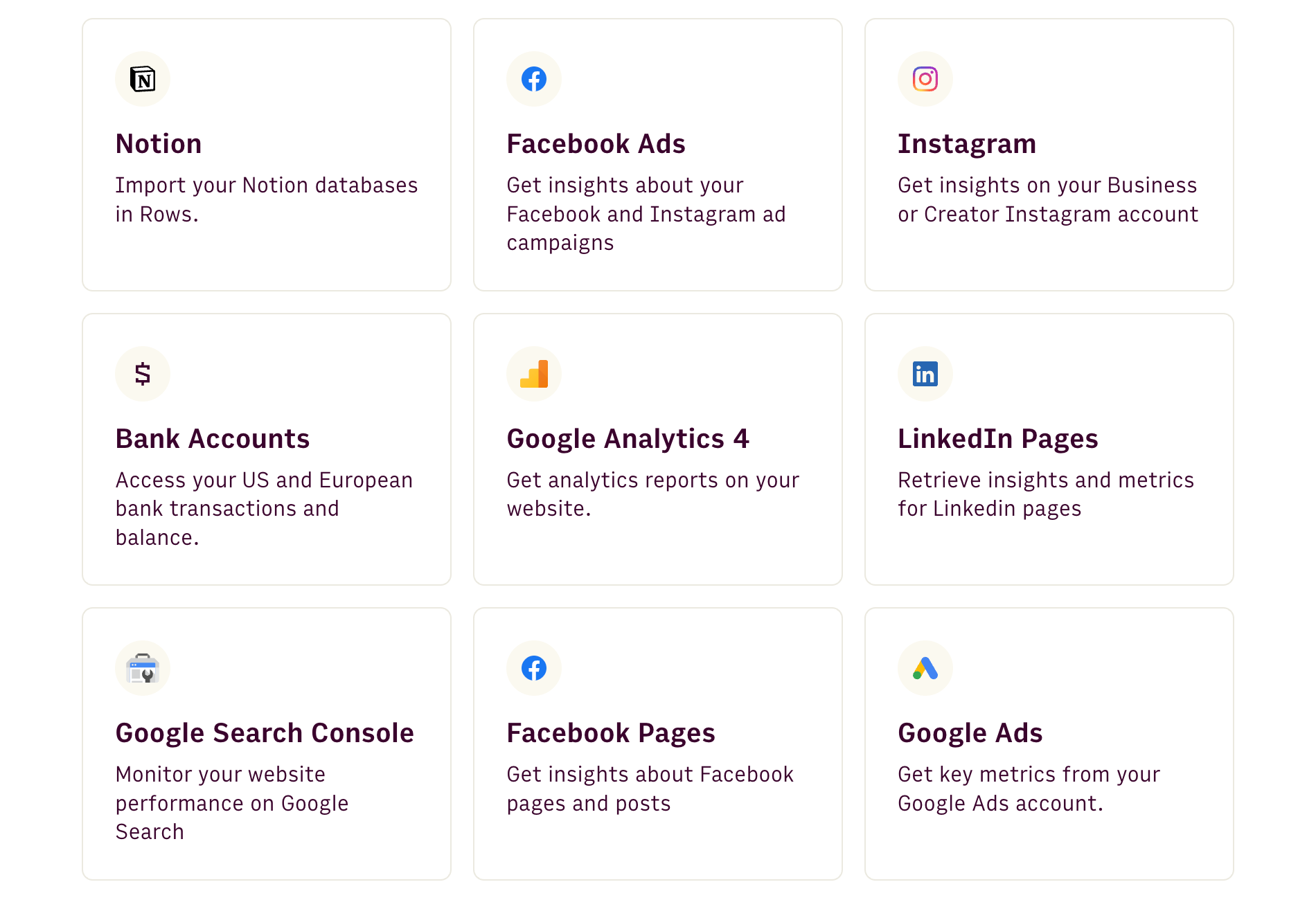 An overview of the integration possibilities of Rows.
