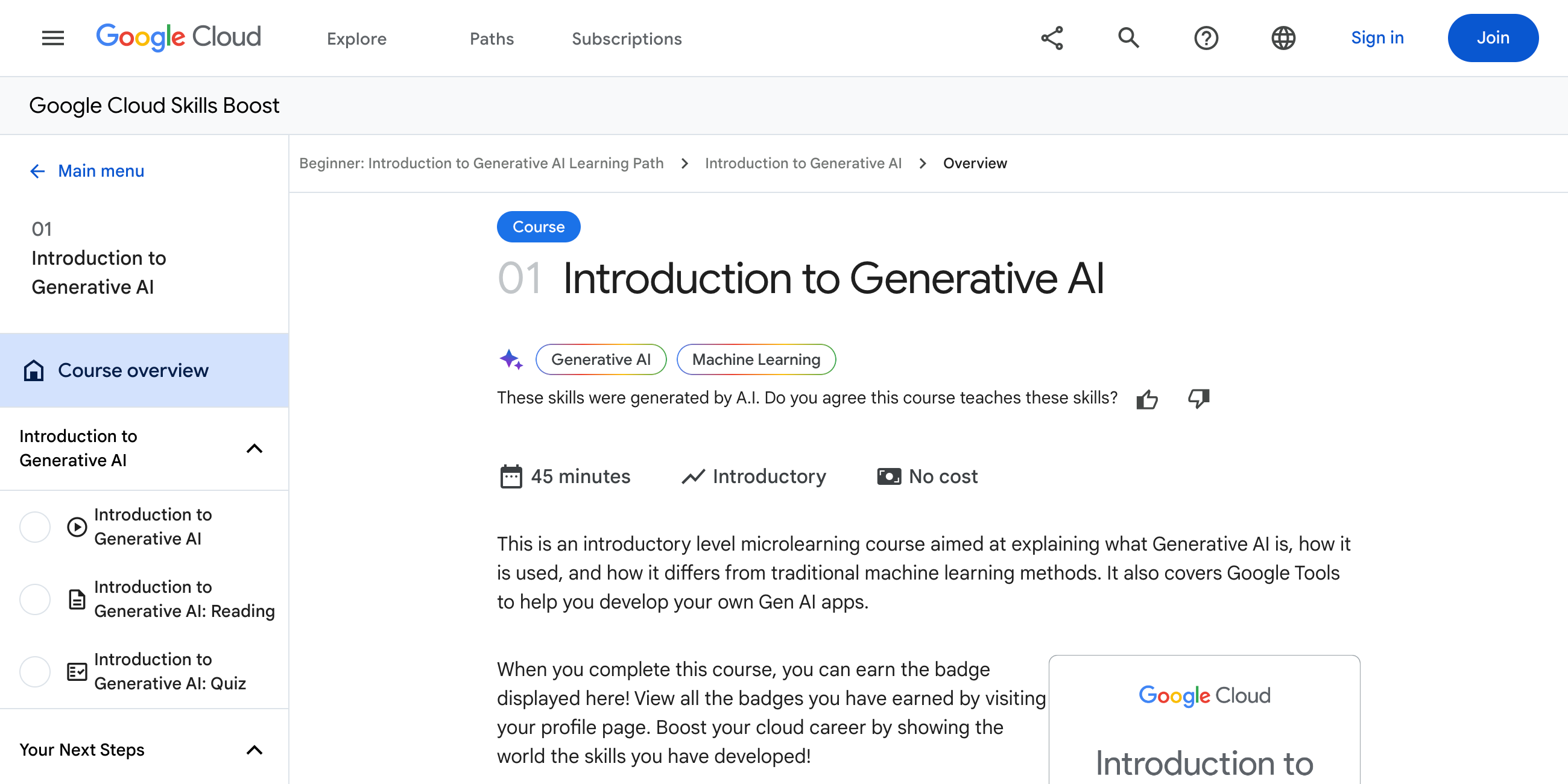 The free AI course on Google Cloud.