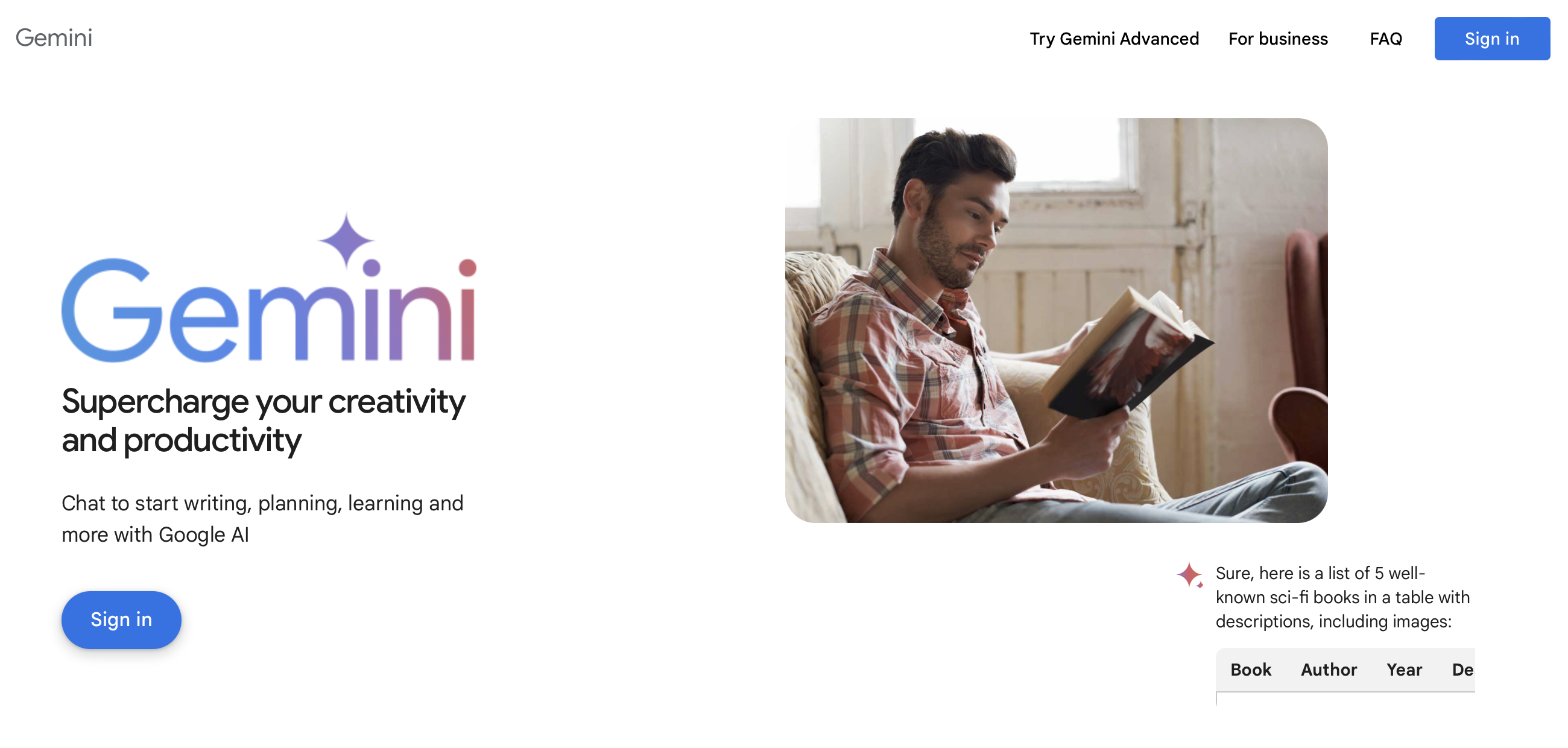 An overview of the website about the AI tool Gemini.