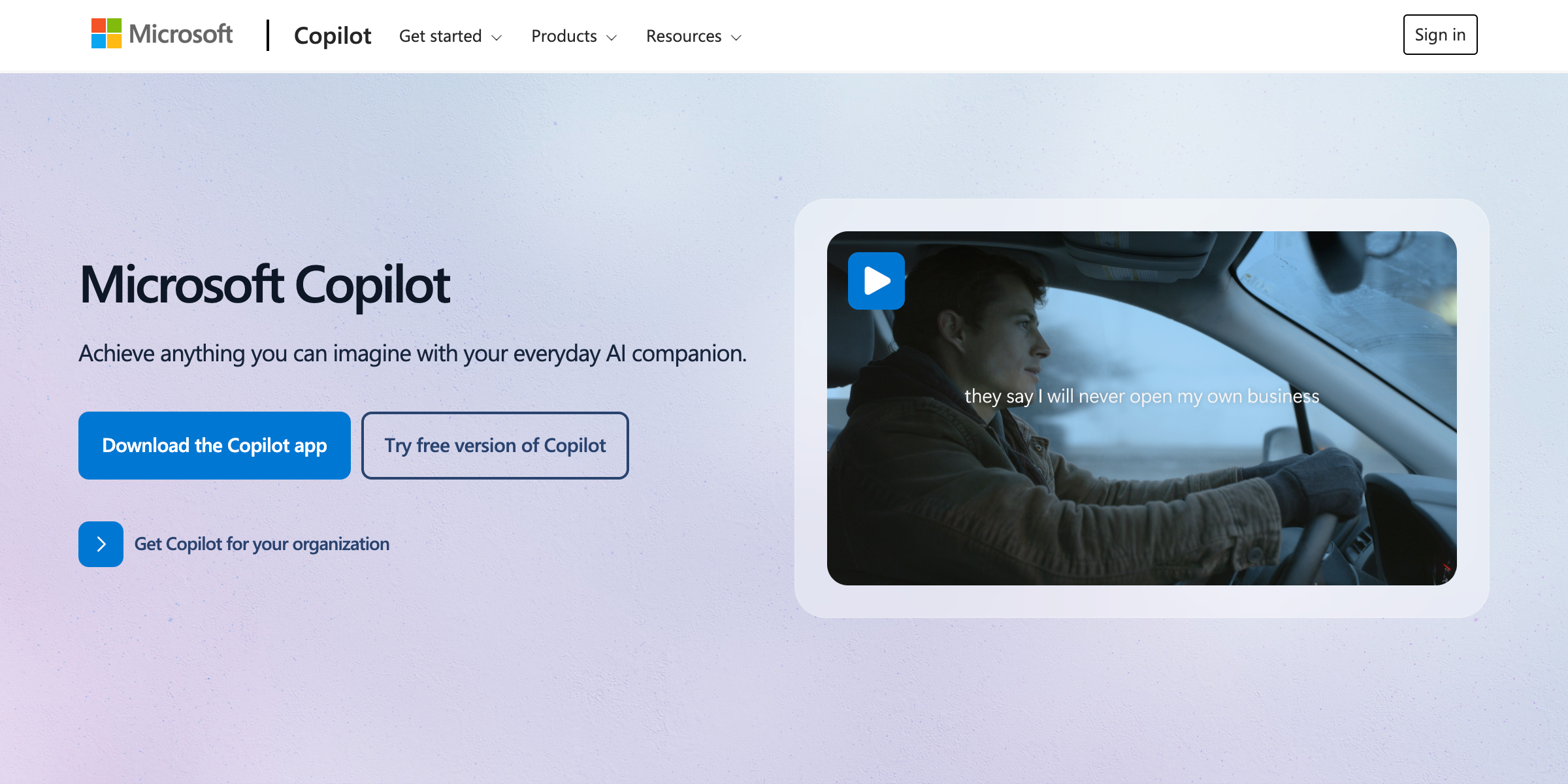 An overview of the website about the AI tool Microsoft Copilot.