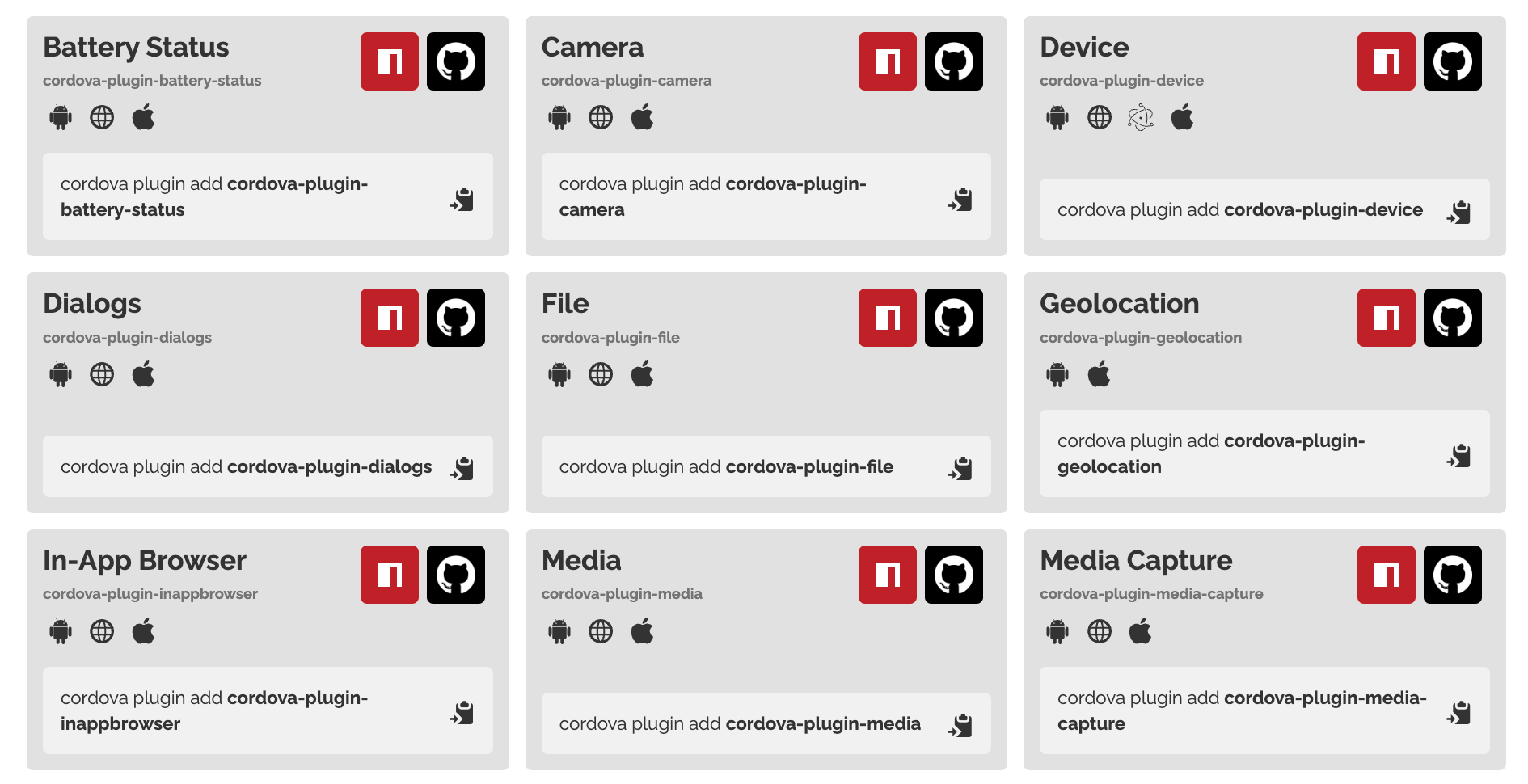An overview of the plugins available on the Apache Cordova website.