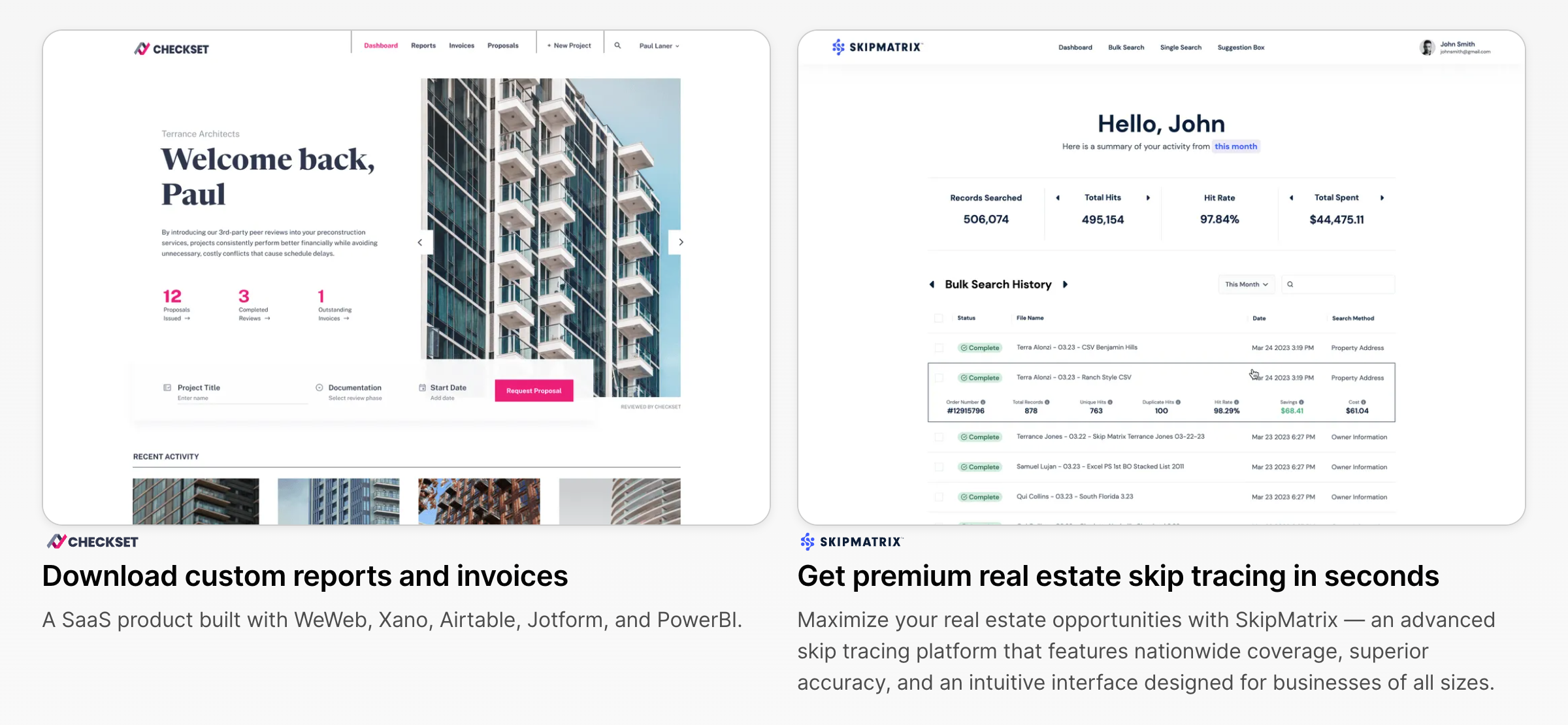 An excerpt of the app examples found on the WeWeb website.