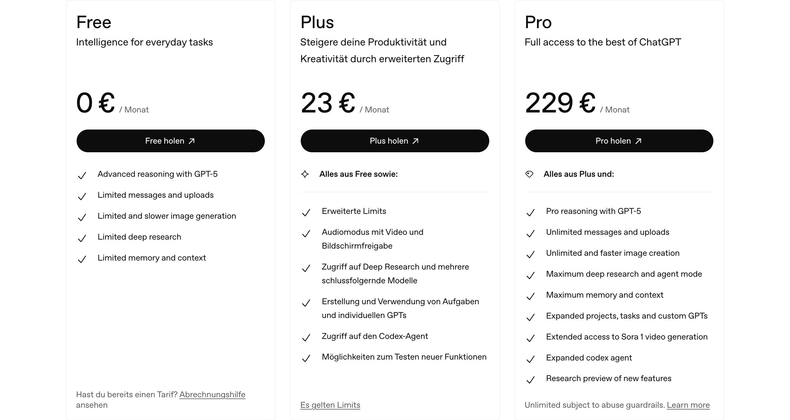 Ein Überblick der Preisgestaltung der "Free", "Plus" und "Pro" Tarife von ChatGPT in 2025.