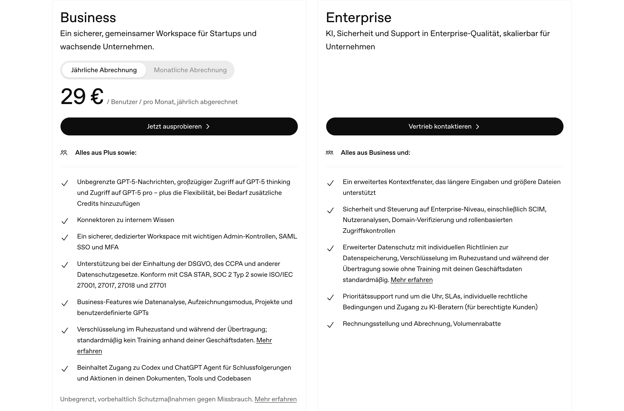 Ein Überblick der Preisgestaltung der "Business" und "Enterprise" Tarife von ChatGPT in 2025.