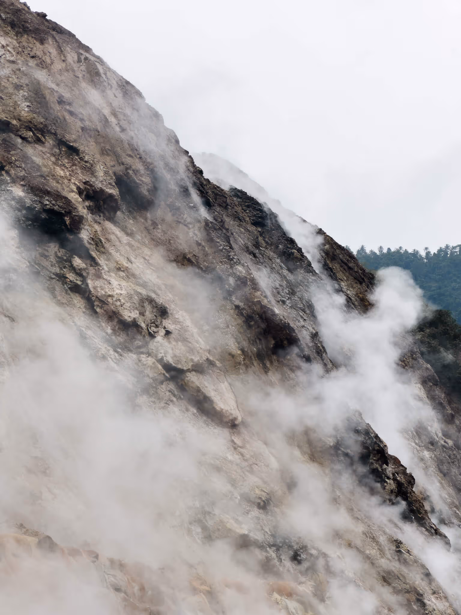 Steep rocky mountain slope with steam or mist rising amid cloudy gray sky and distant tree line.