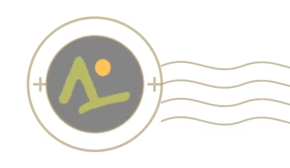 Stylized green and yellow logo inside a circular stamp outline with wavy lines to the right.