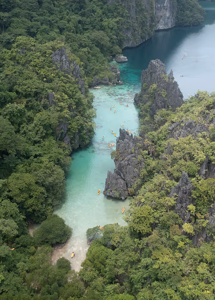 Aerial view of turquoise lagoon with kayakers surrounded by dense forest and towering limestone cliffs.