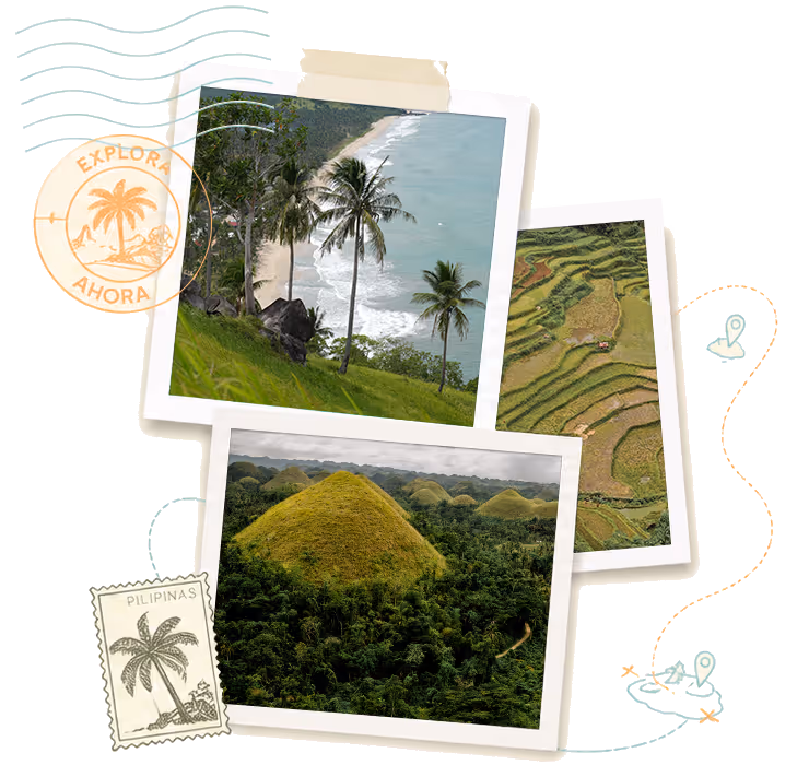 Polaroid-style photos of tropical beach with palm trees, rice terraces, and grass-covered hills.