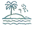 Simple drawing of an island with a palm tree, two small plants, and waves around it.