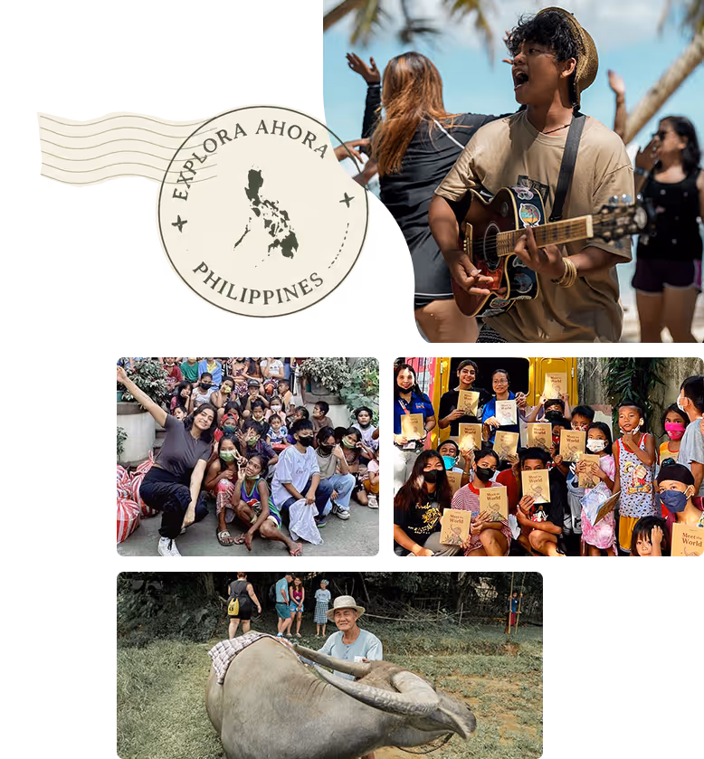 Collage with Philippines stamp, man playing guitar on beach, groups of children, and man with carabao outdoors.