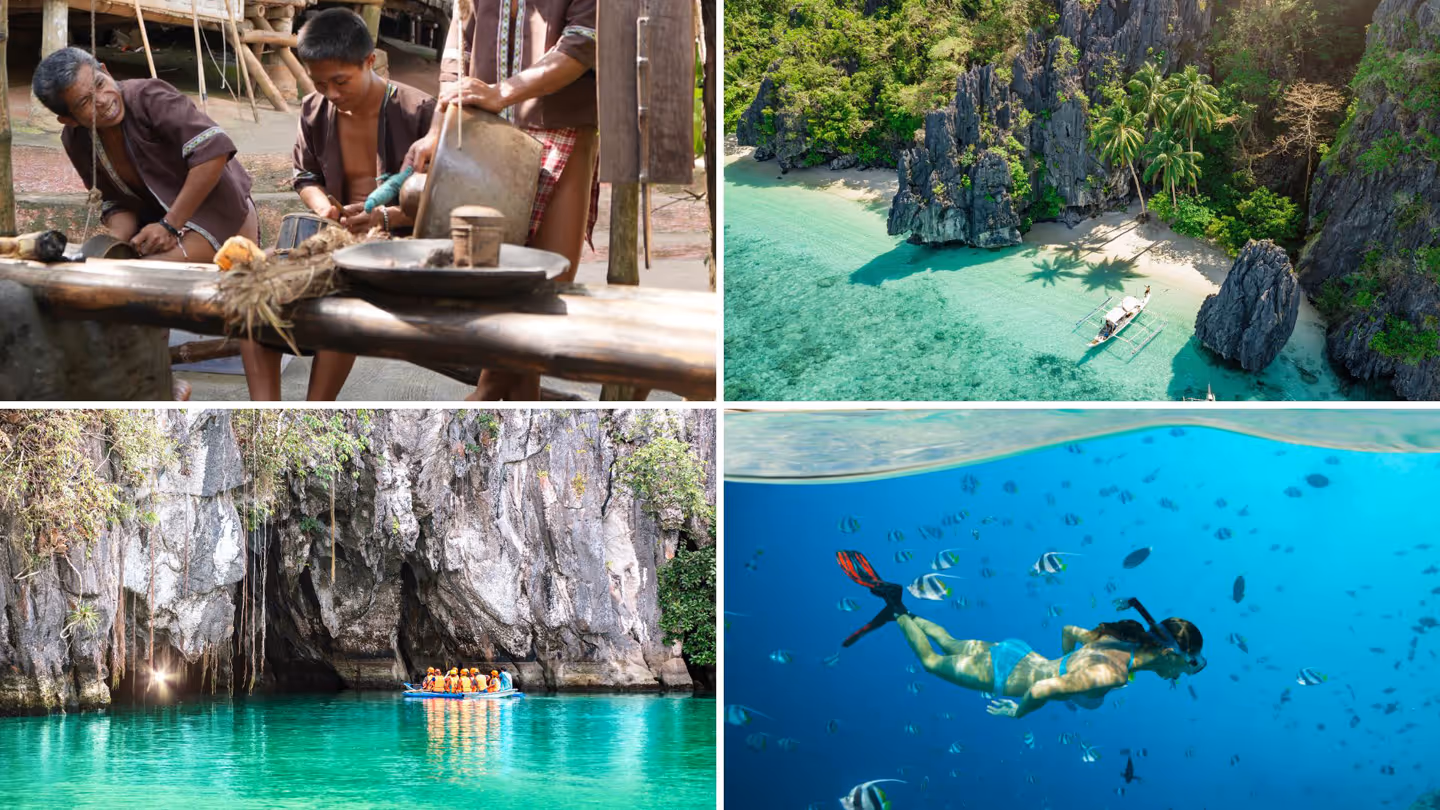 Stunning lagoons and crystal-clear waters in Palawan, ideal for island-hopping.