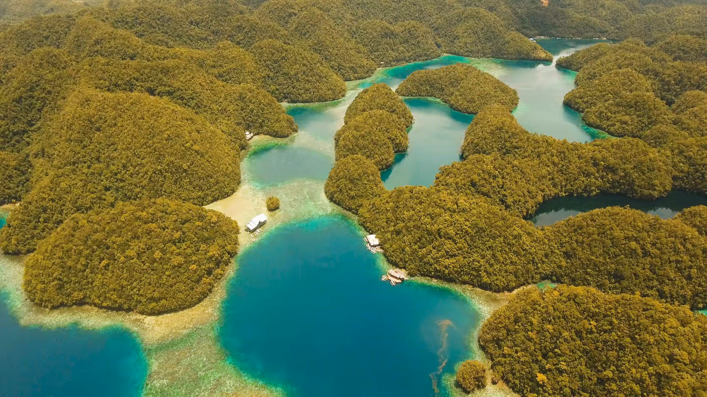 Aerial view tropical lagoon,sea, beach.Bucas Grande Island, Sohoton Cove. Philippines