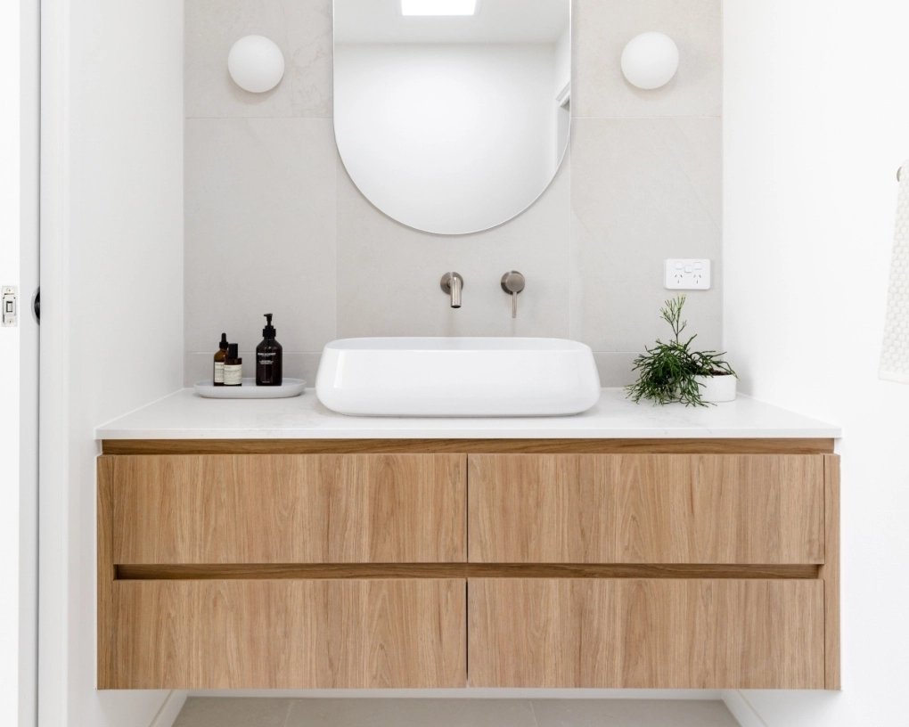 Wall hung timber vanity with double basins and shaving cabinet
