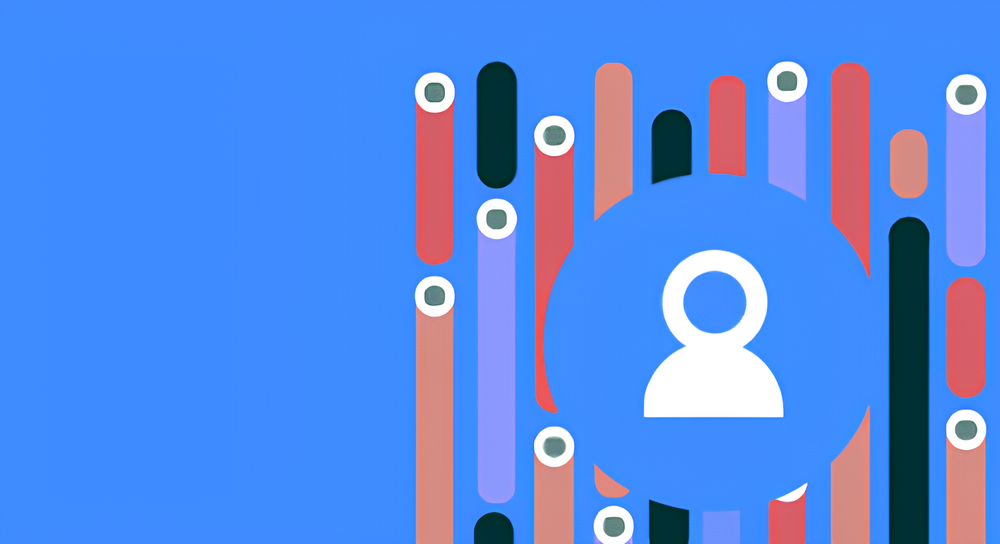 Abstract digital illustration with vertical rounded bars in red, purple, blue, and dark green forming a pattern around a large blue circle containing a white user profile icon on a blue background.