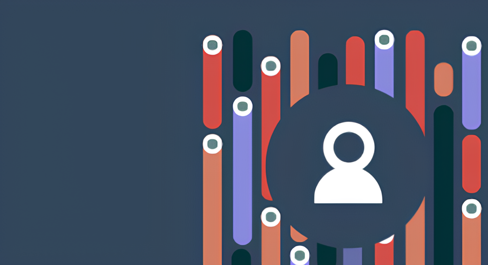 Abstract graphic with vertical rounded bars in red, orange, purple, and dark green surrounding a central dark circle containing a white user icon silhouette.