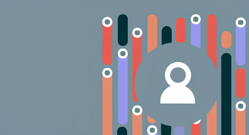 Abstract digital illustration featuring a white user icon inside a circle surrounded by multicolored vertical rounded bars on a muted blue-gray background.