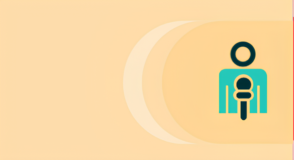 Graphic icon of a person holding a microphone on a peach background with overlapping circular shapes.