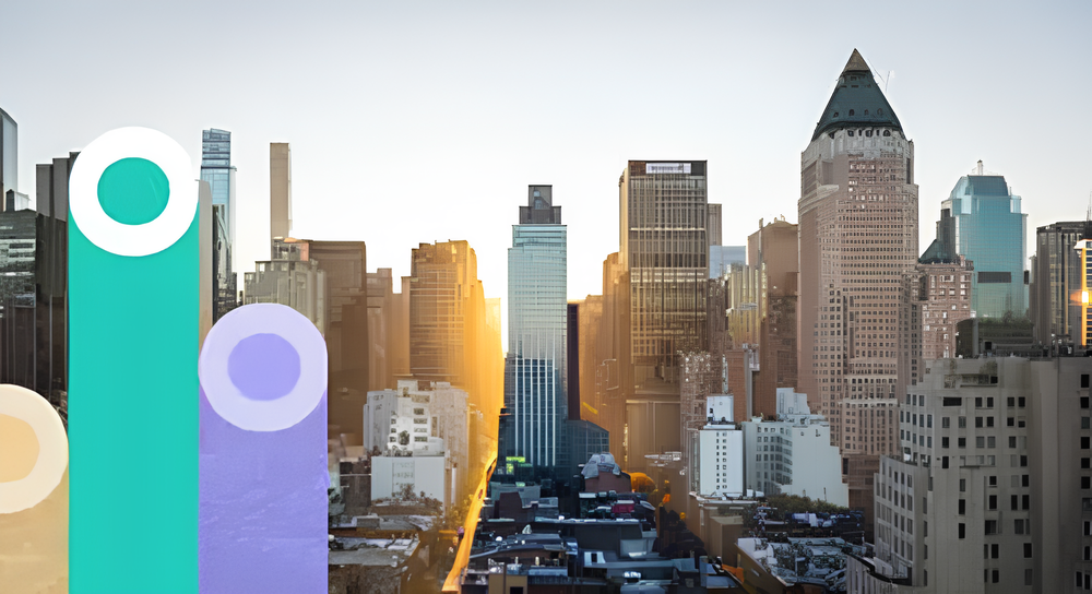 City skyline at sunset with tall buildings and sun rays casting orange light on the central skyscraper, overlaid with colorful translucent vertical bars and circular shapes on the left side.