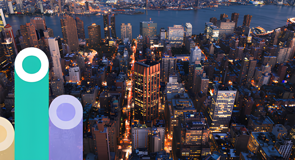 Aerial view of a city at dusk with skyscrapers lit by artificial lights, water in the background, and a translucent vertical bar chart with three rounded bars on the left side.