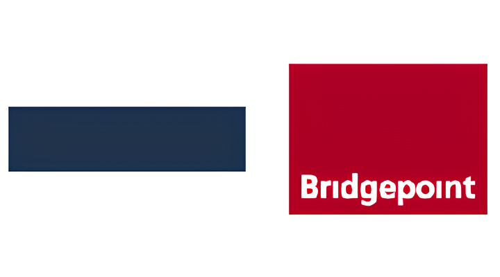 Horizontal dark blue rectangle on the left and a larger red square on the right with the word 'Bridgepoint' in white lowercase letters at the bottom.
