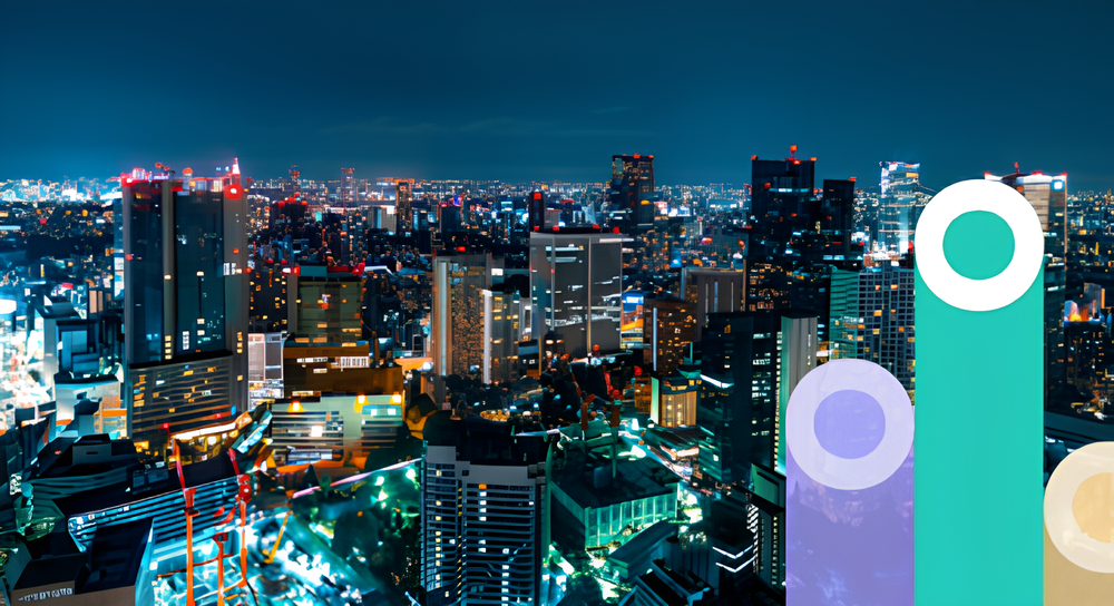 Nighttime city skyline densely packed with illuminated skyscrapers and buildings under a dark blue sky, featuring digital translucent bar chart overlays in teal, purple, and beige on the right side.