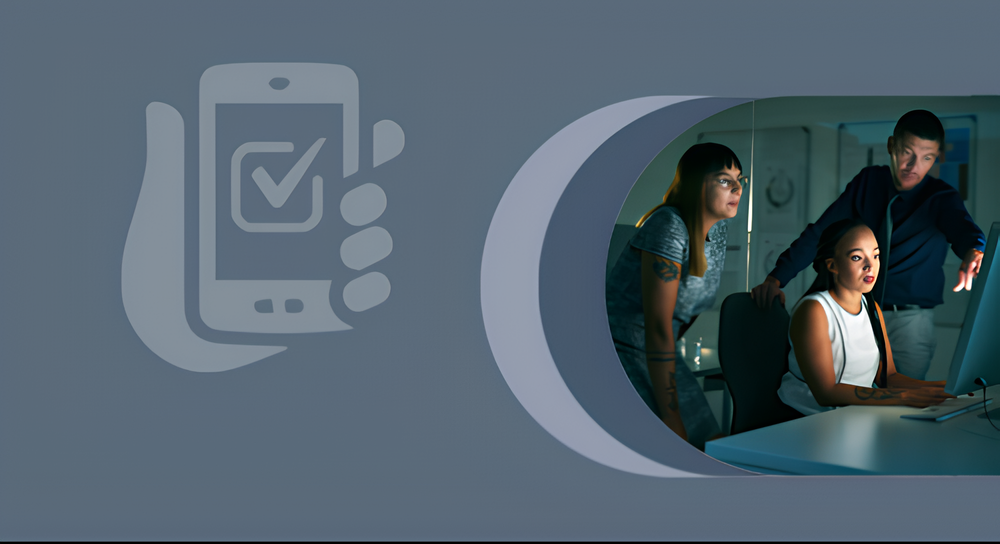 Three people in an office at night looking at a computer screen, with a large gray graphic of a hand holding a smartphone with a checkmark on its screen on the left side of the image.