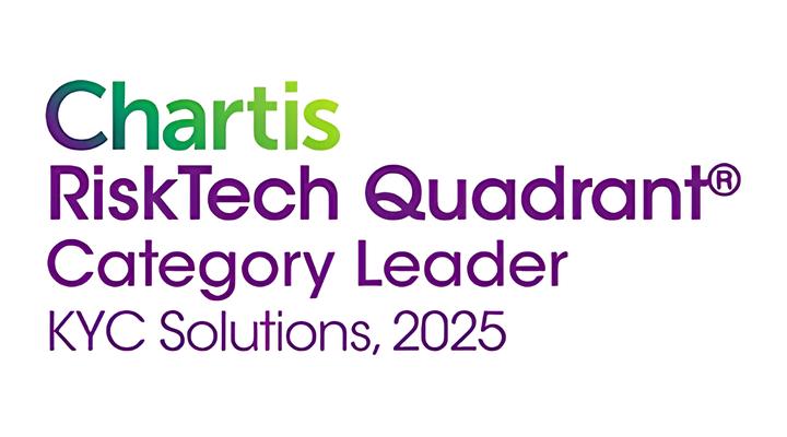 Chartis RiskTech Quadrant Category Leader for KYC Solutions in 2025, with the Chartis logo in green and purple text on a white background.