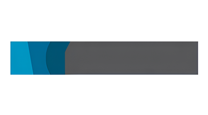 A long horizontal shape composed of overlapping blue and dark gray segments, with geometric cutouts along the left side blending into the gray area on the right.